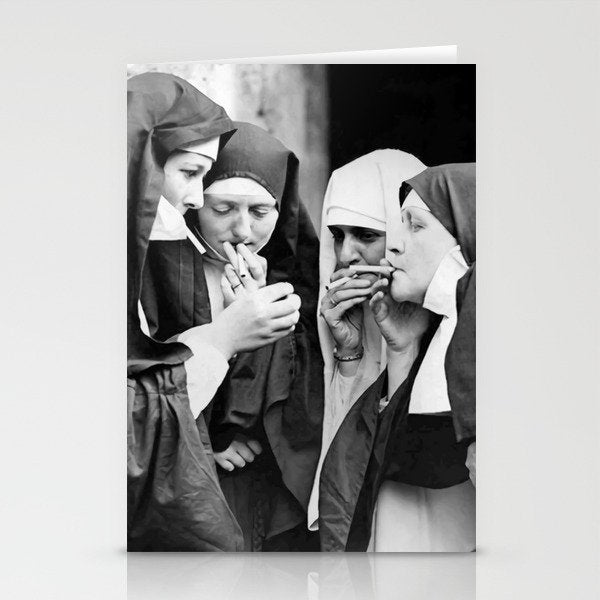 Nuns smoking black and white photograph - photography - photographs portrait for home and wall decor Stationery Card Gallery Image 2