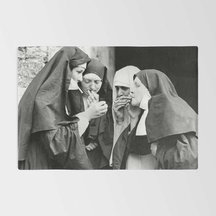 Nuns smoking black and white photograph - photography - photographs portrait for home and wall decor Rug Gallery Image 2