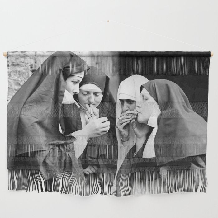 Nuns smoking black and white photograph - photography - photographs portrait for home and wall decor Wall Hanging Gallery Image 1