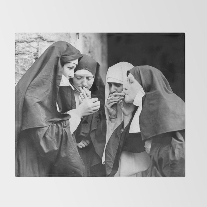 Nuns smoking black and white photograph - photography - photographs portrait for home and wall decor Throw Blanket Gallery Image 2