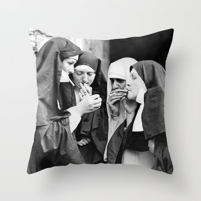 Nuns smoking black and white photograph - photography - photographs portrait for home and wall decor Throw Pillow Gallery Image 6