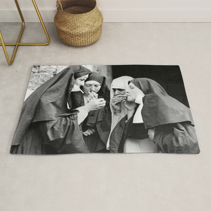 Nuns smoking black and white photograph - photography - photographs portrait for home and wall decor Rug Gallery Image 1