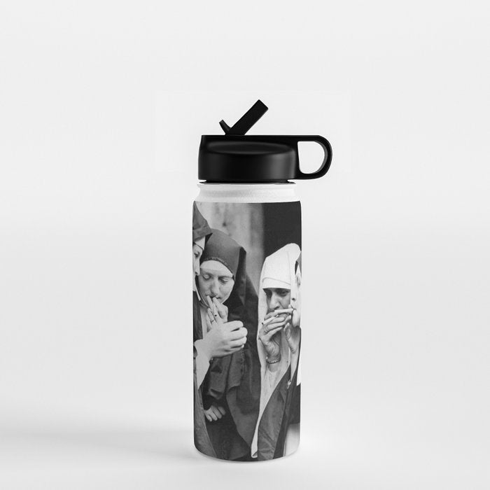 Nuns smoking black and white photograph - photography - photographs portrait for home and wall decor Water Bottle Gallery Image 1
