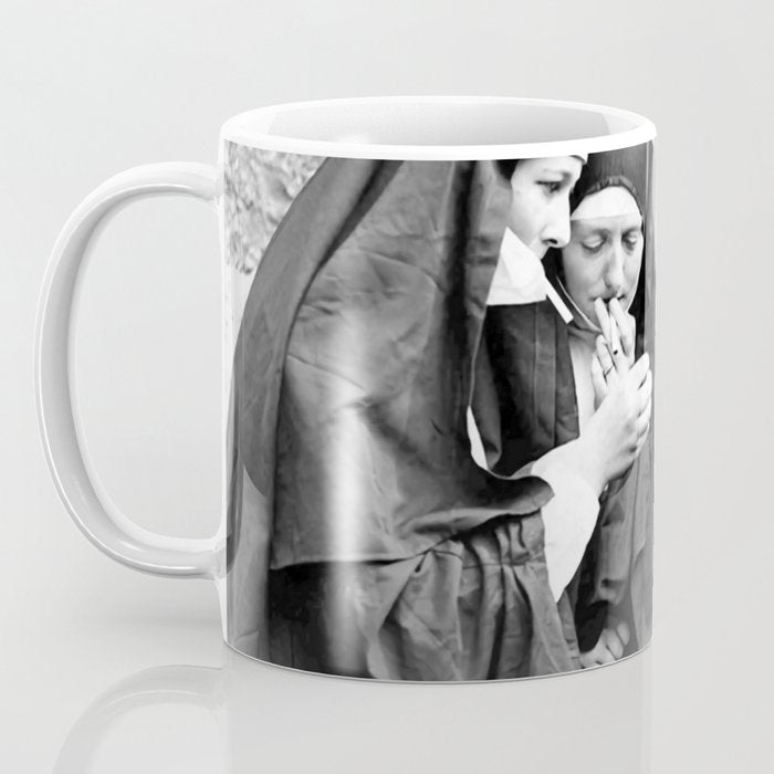 Nuns smoking black and white photograph - photography - photographs portrait for home and wall decor Coffee Mug Gallery Image 3
