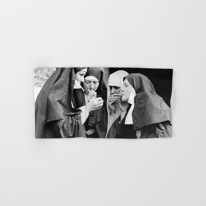 Nuns smoking black and white photograph - photography - photographs portrait for home and wall decor Bath Towel Gallery Image 1