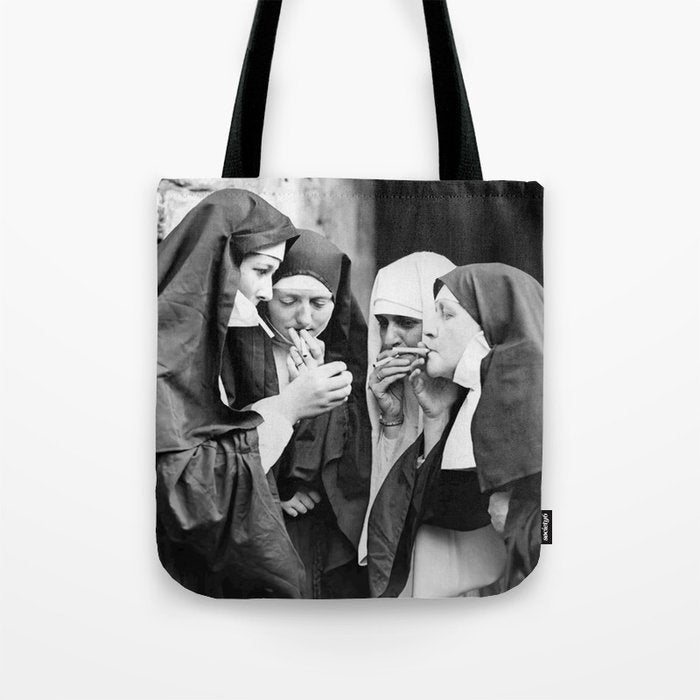 Nuns smoking black and white photograph - photography - photographs portrait for home and wall decor Tote Bag Gallery Image 1