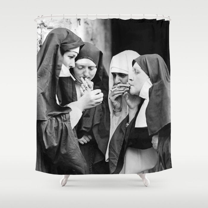 Nuns smoking black and white photograph - photography - photographs portrait for home and wall decor Shower Curtain Gallery Image 1