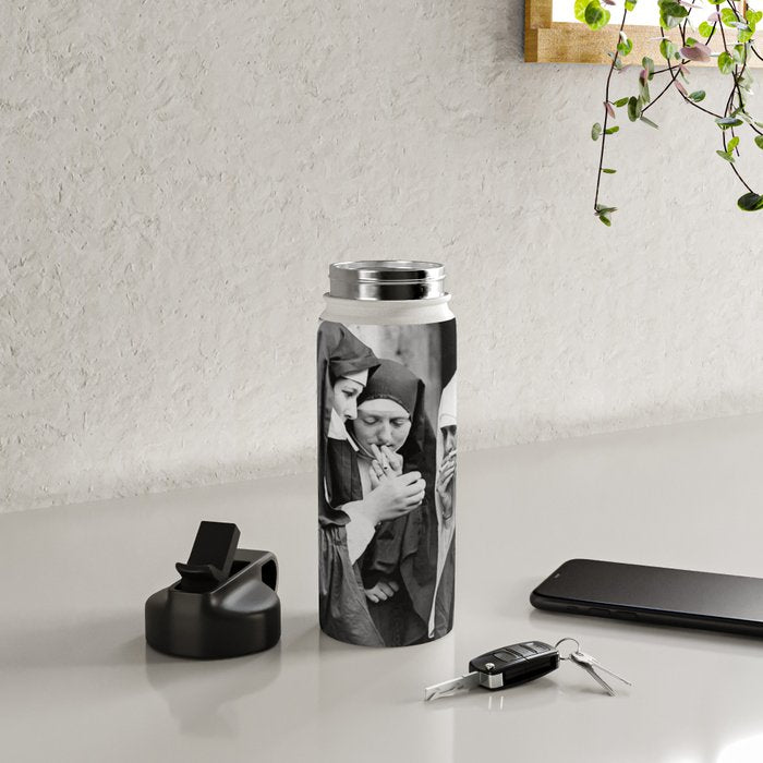 Nuns smoking black and white photograph - photography - photographs portrait for home and wall decor Water Bottle Gallery Image 4