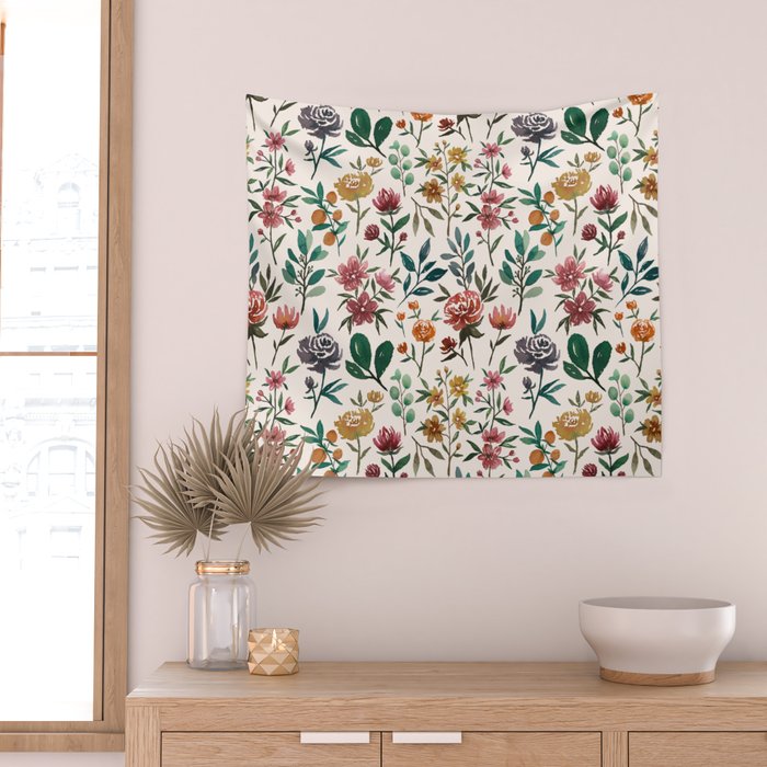 Colorful Watercolor Flowers Wall Tapestry Gallery Image 2
