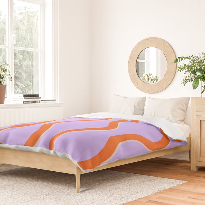 Wavy Lines Tangerine Orange, Lavender Purple, Bold Retro Modern Home Decor Duvet Cover Gallery Image 2