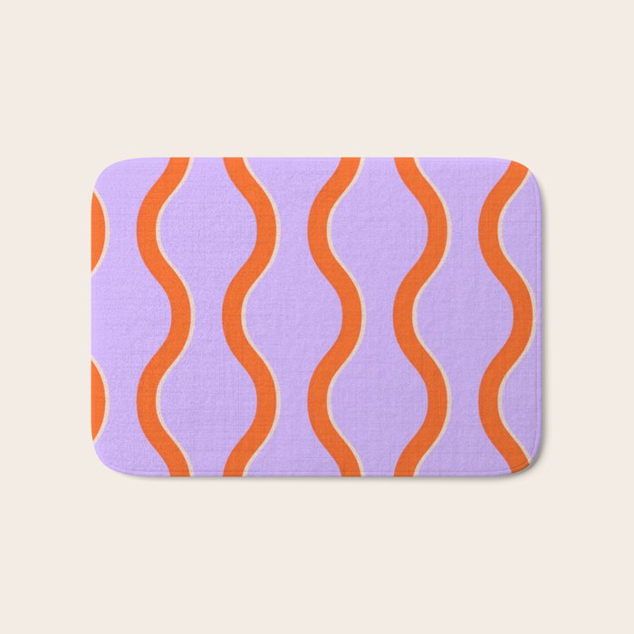 Wavy Lines Tangerine Orange, Lavender Purple, Bold Retro Modern Home Decor Bath Mat Gallery Image 1