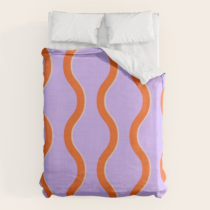 Wavy Lines Tangerine Orange, Lavender Purple, Bold Retro Modern Home Decor Duvet Cover Gallery Image 1