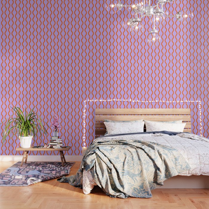 Wavy Lines Tangerine Orange, Lavender Purple, Bold Retro Modern Home Decor Wallpaper Gallery Image 1