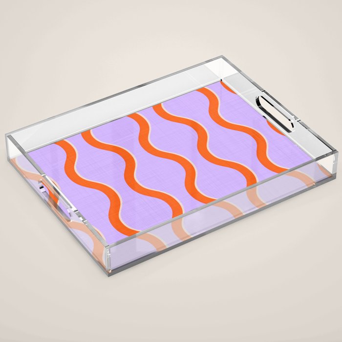 Wavy Lines Tangerine Orange, Lavender Purple, Bold Retro Modern Home Decor Acrylic Tray Gallery Image 1