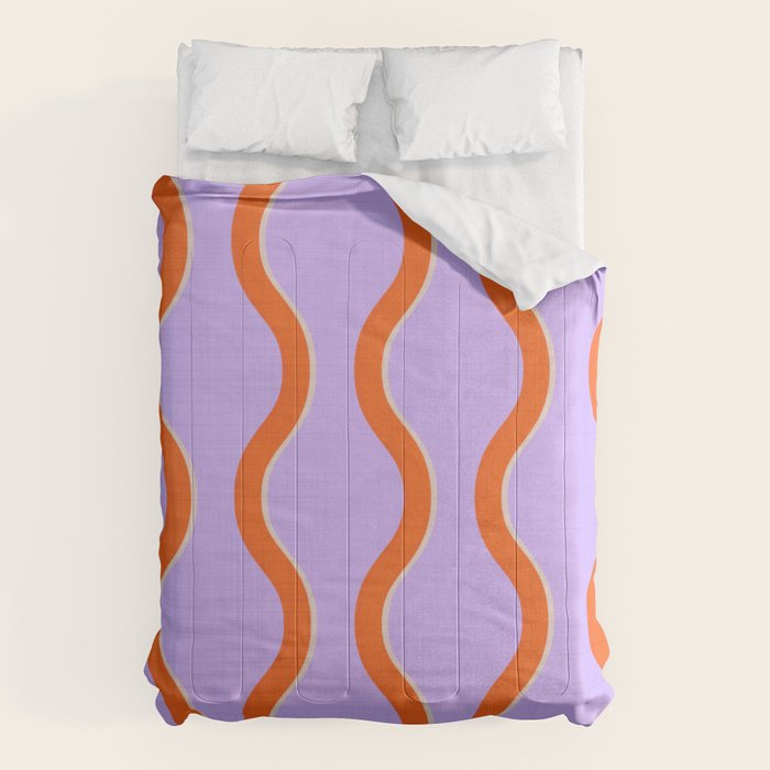 Wavy Lines Tangerine Orange, Lavender Purple, Bold Retro Modern Home Decor Comforter Gallery Image 1