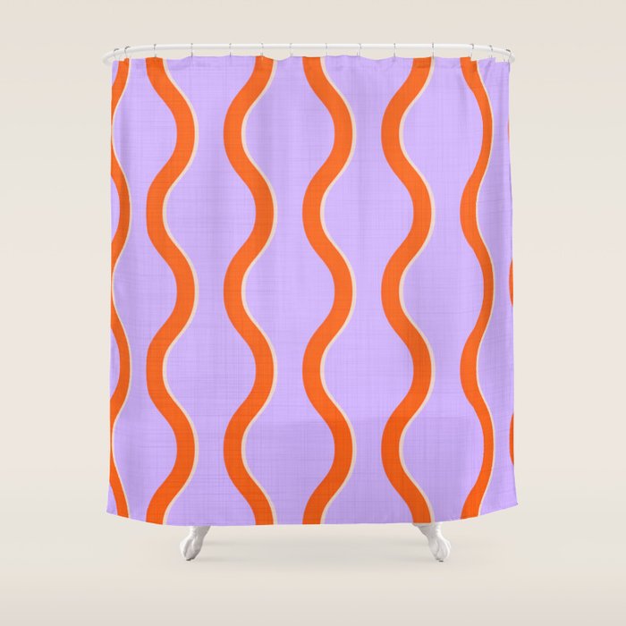 Wavy Lines Tangerine Orange, Lavender Purple, Bold Retro Modern Home Decor Shower Curtain Gallery Image 1
