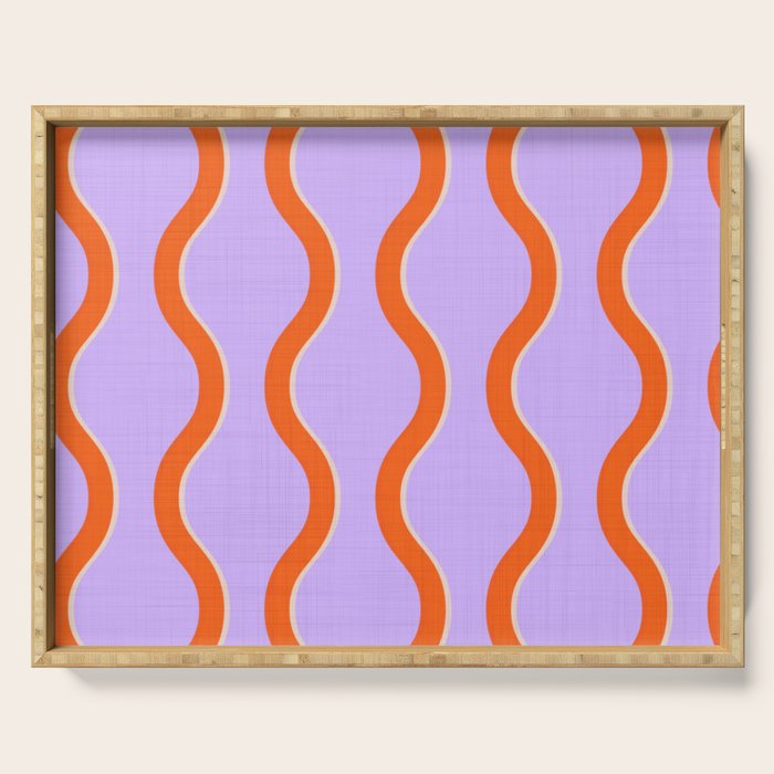 Wavy Lines Tangerine Orange, Lavender Purple, Bold Retro Modern Home Decor Serving Tray Gallery Image 1