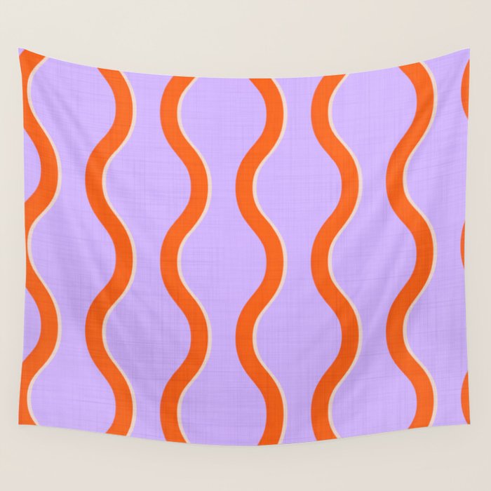 Wavy Lines Tangerine Orange, Lavender Purple, Bold Retro Modern Home Decor Wall Tapestry Gallery Image 4