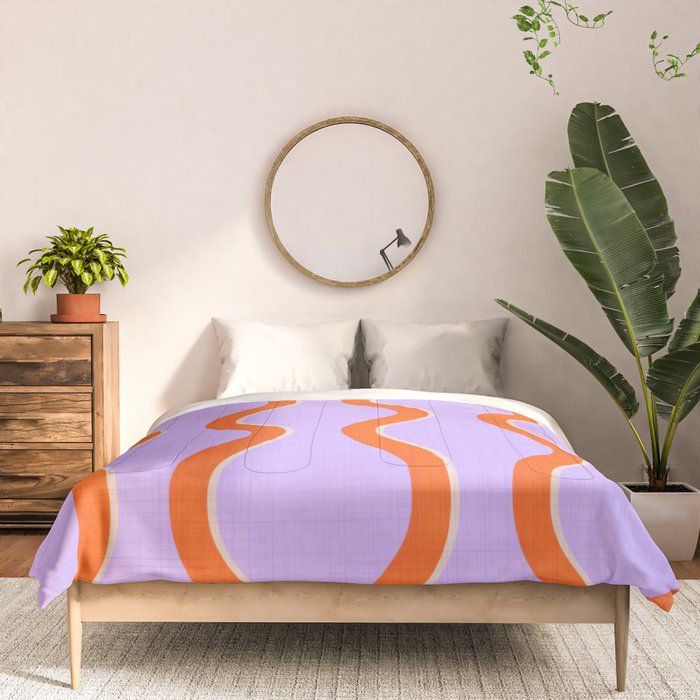 Wavy Lines Tangerine Orange, Lavender Purple, Bold Retro Modern Home Decor Comforter Gallery Image 3