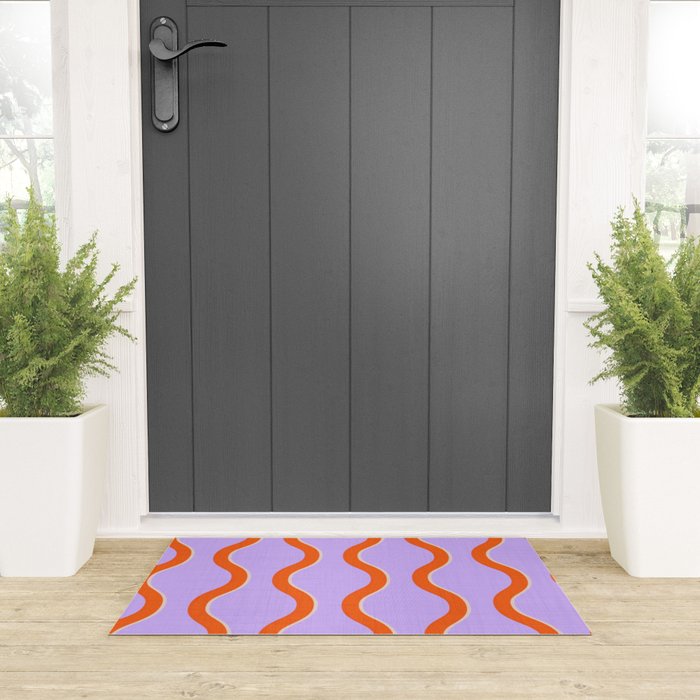 Wavy Lines Tangerine Orange, Lavender Purple, Bold Retro Modern Home Decor Welcome Mat Gallery Image 3