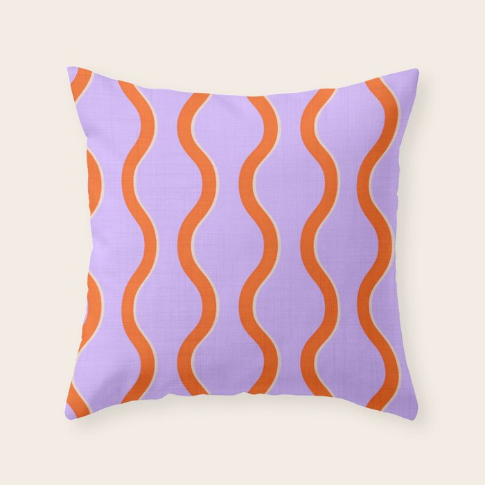 Wavy Lines Tangerine Orange, Lavender Purple, Bold Retro Modern Home Decor Throw Pillow Gallery Image 1