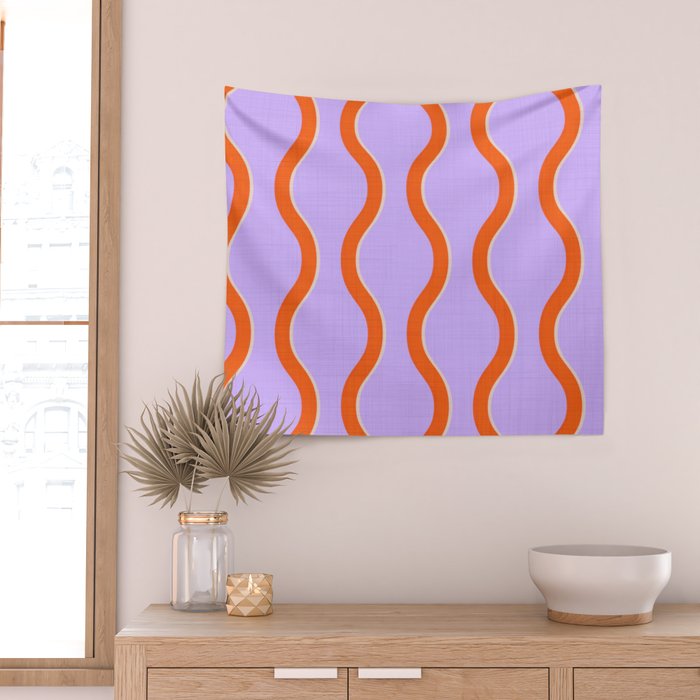 Wavy Lines Tangerine Orange, Lavender Purple, Bold Retro Modern Home Decor Wall Tapestry Gallery Image 2