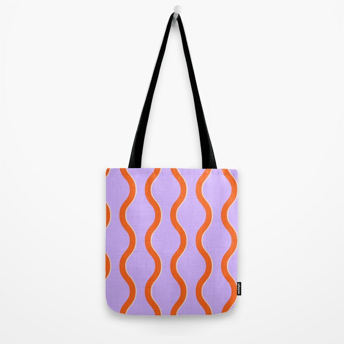 Wavy Lines Tangerine Orange, Lavender Purple, Bold Retro Modern Home Decor Tote Bag Gallery Image 2