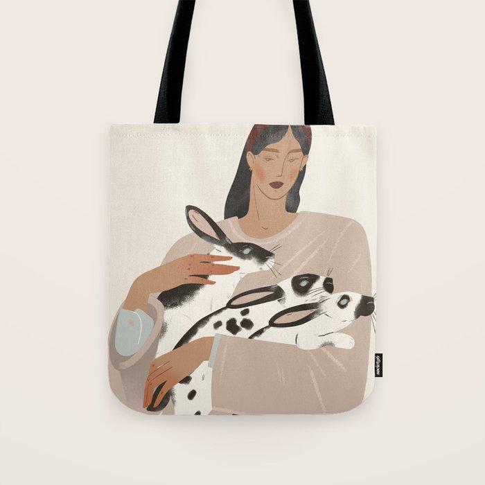 illustration of a girl with rabbits Tote Bag Gallery Image 1