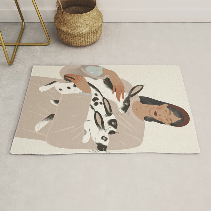 illustration of a girl with rabbits Rug Gallery Image 1