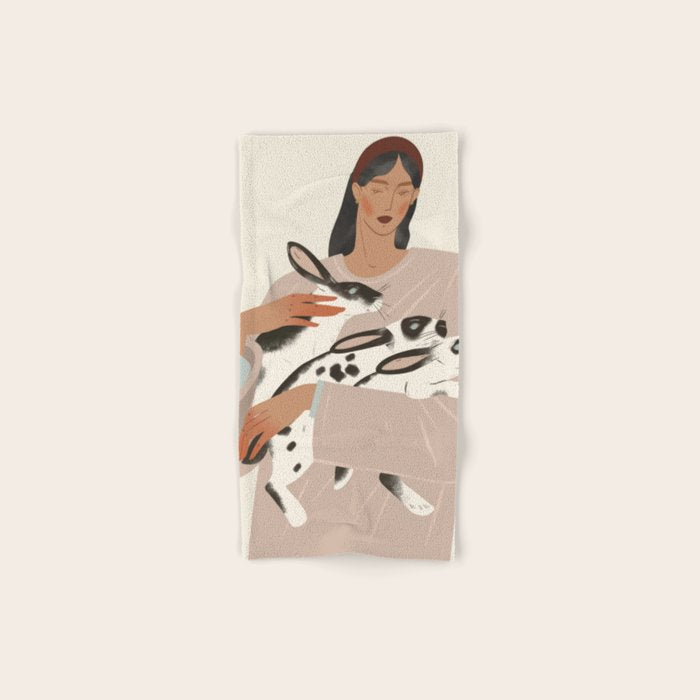 illustration of a girl with rabbits Bath Towel Gallery Image 1