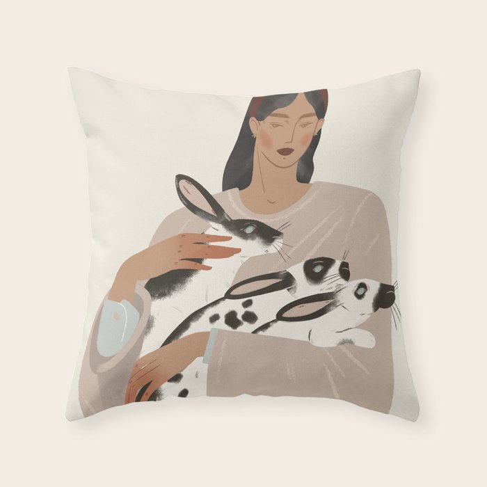 illustration of a girl with rabbits Throw Pillow Gallery Image 6