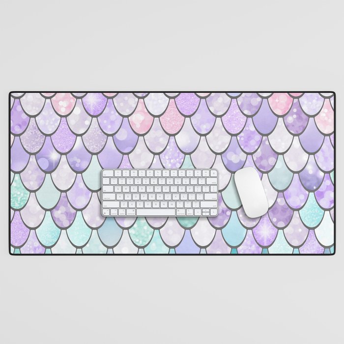 Cute Mermaid Pattern, Pink, Purple, Teal, Pastel Aesthetics Desk Mat Gallery Image 1