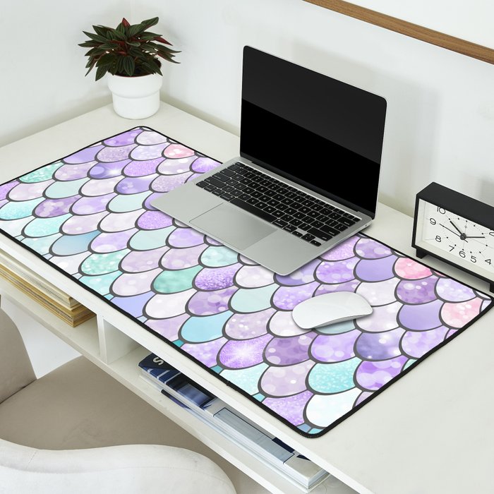 Cute Mermaid Pattern, Pink, Purple, Teal, Pastel Aesthetics Desk Mat Gallery Image 2