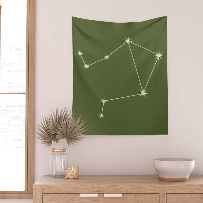 Libra Zodiac Star Constellation Line Art Olive Green Wall Tapestry Gallery Image 2