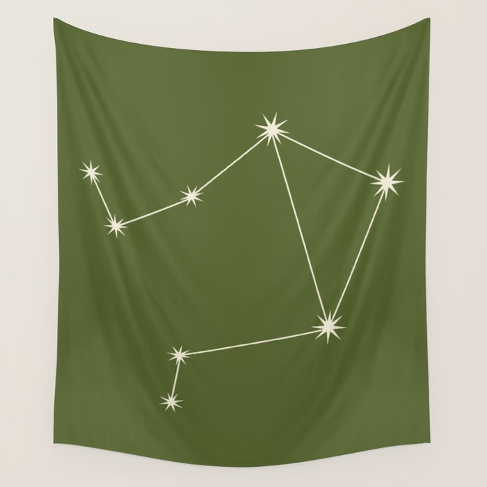 Libra Zodiac Star Constellation Line Art Olive Green Wall Tapestry Gallery Image 4