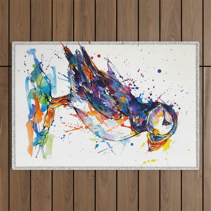 Vibrant Puffin Watercolour - Ink Line and Colour Splatter Coastal Bird Art Print Outdoor Rug Gallery Image 1