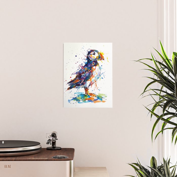 Vibrant Puffin Watercolour - Ink Line and Colour Splatter Coastal Bird Art Print Poster Gallery Image 2