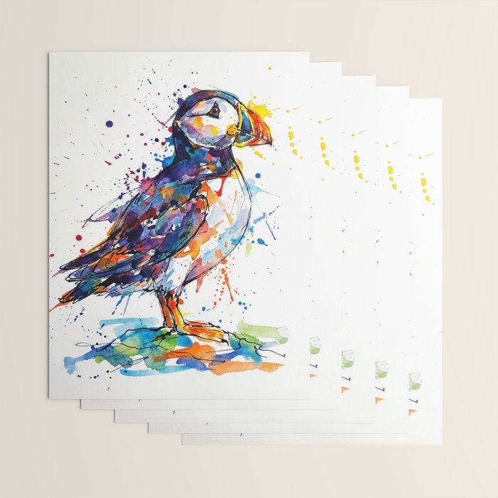 Vibrant Puffin Watercolour - Ink Line and Colour Splatter Coastal Bird Art Print Wrapping Paper Gallery Image 3