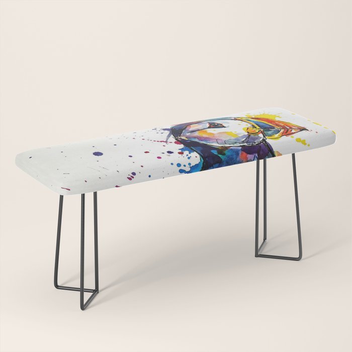 Vibrant Puffin Watercolour - Ink Line and Colour Splatter Coastal Bird Art Print Bench Gallery Image 1