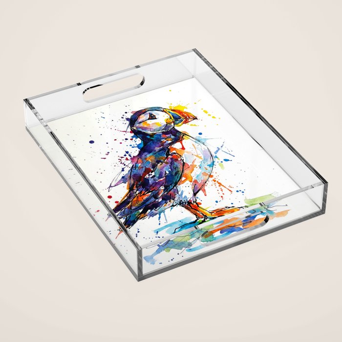Vibrant Puffin Watercolour - Ink Line and Colour Splatter Coastal Bird Art Print Acrylic Tray Gallery Image 1