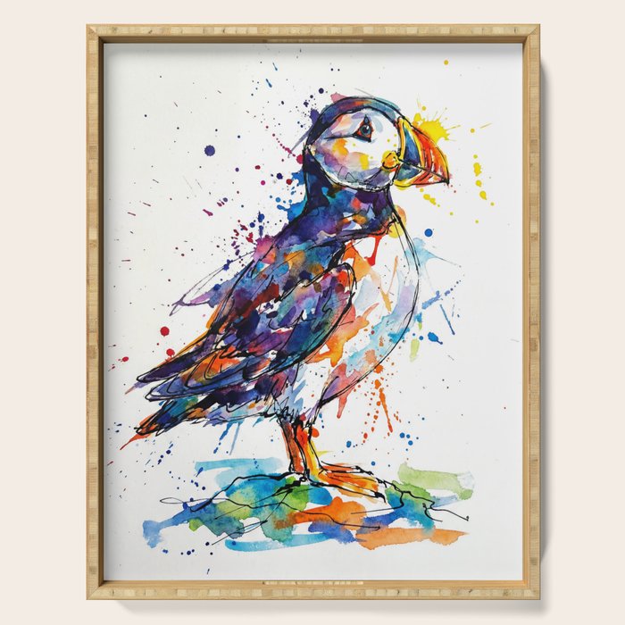 Vibrant Puffin Watercolour - Ink Line and Colour Splatter Coastal Bird Art Print Serving Tray Gallery Image 1