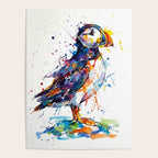 Vibrant Puffin Watercolour - Ink Line and Colour Splatter Coastal Bird Art Print Poster Gallery Image 4