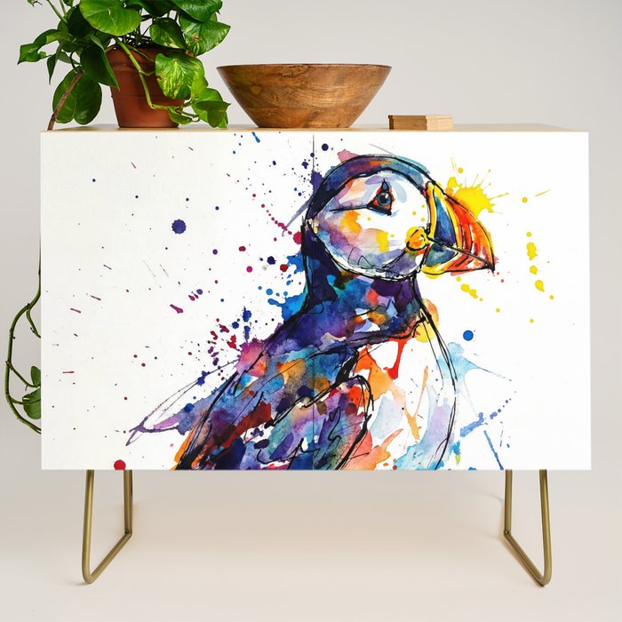 Vibrant Puffin Watercolour - Ink Line and Colour Splatter Coastal Bird Art Print Credenza Gallery Image 1