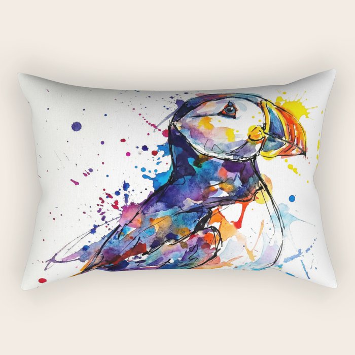 Vibrant Puffin Watercolour - Ink Line and Colour Splatter Coastal Bird Art Print Rectangular Pillow Gallery Image 2