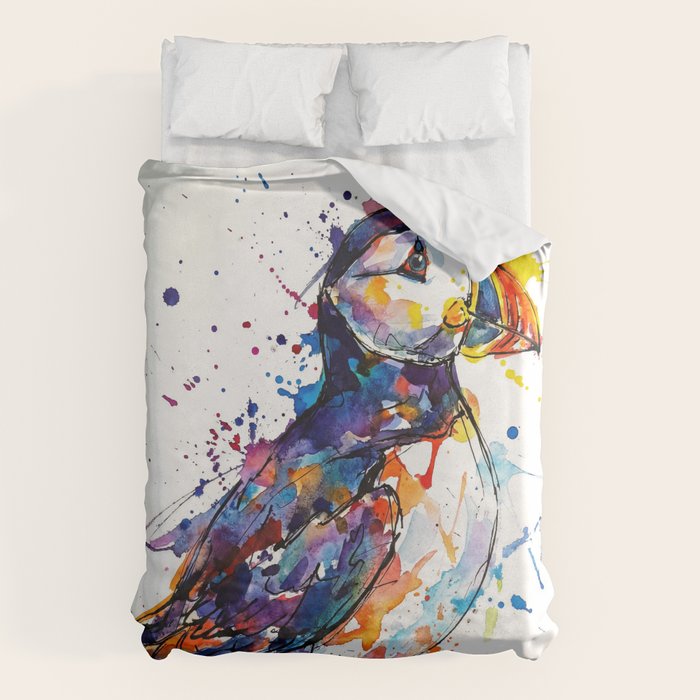Vibrant Puffin Watercolour - Ink Line and Colour Splatter Coastal Bird Art Print Duvet Cover Gallery Image 6