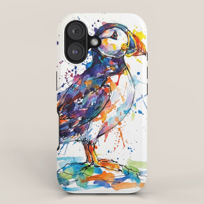 Vibrant Puffin Watercolour - Ink Line and Colour Splatter Coastal Bird Art Print iPhone Case Gallery Image 1