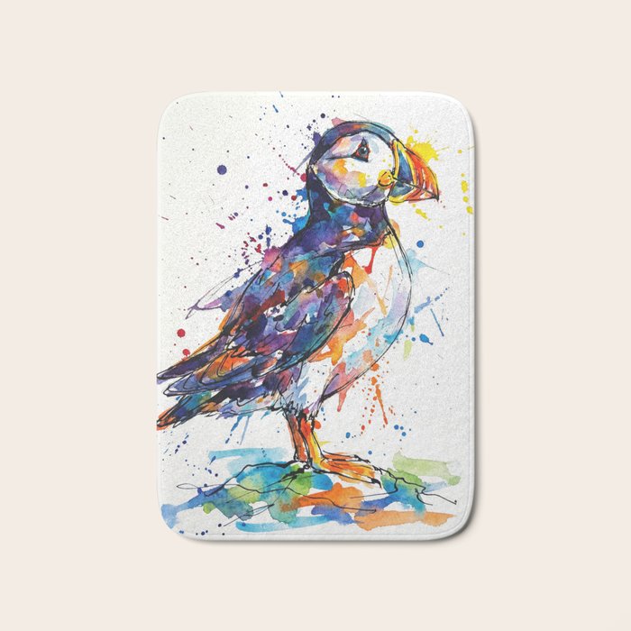 Vibrant Puffin Watercolour - Ink Line and Colour Splatter Coastal Bird Art Print Bath Mat Gallery Image 1