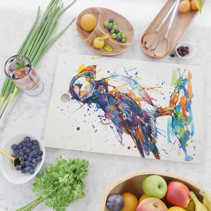Vibrant Puffin Watercolour - Ink Line and Colour Splatter Coastal Bird Art Print Cutting Board Gallery Image 2