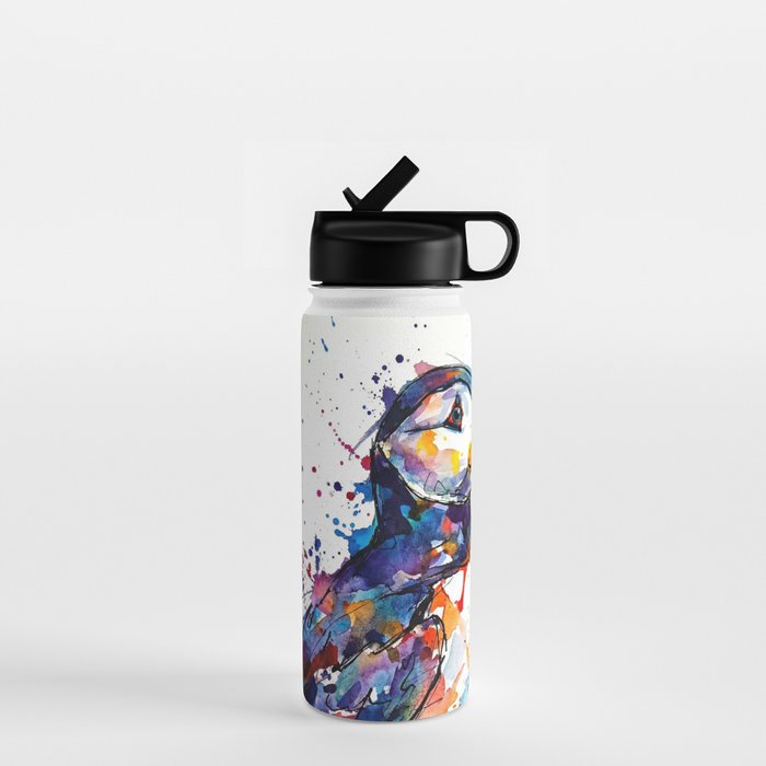 Vibrant Puffin Watercolour - Ink Line and Colour Splatter Coastal Bird Art Print Water Bottle Gallery Image 1
