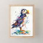 Vibrant Puffin Watercolour - Ink Line and Colour Splatter Coastal Bird Art Print Mini Art Print Gallery Image 1
